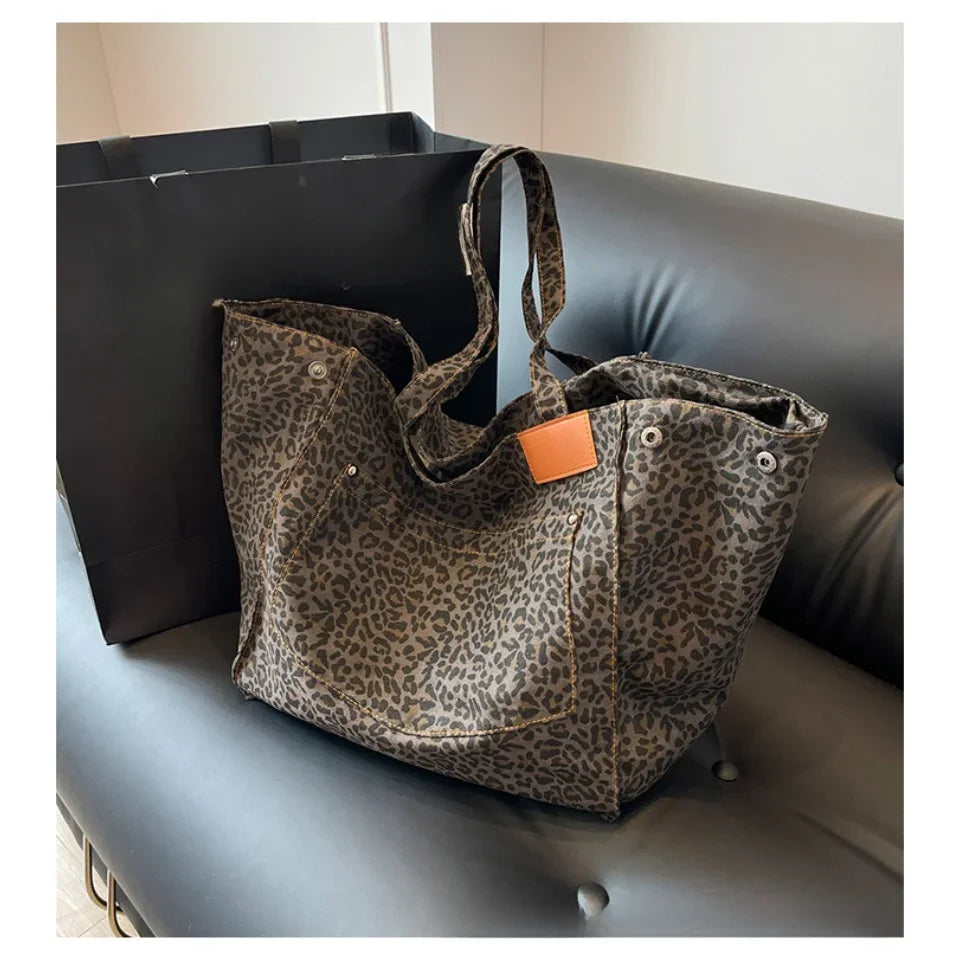 Leopard Pattern Tote Bag Vintage Canvas Shoulder Bag