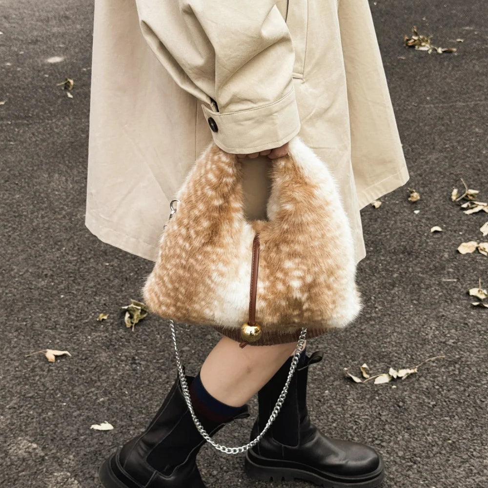 Fluffy Deer Pattern Shoulder Faux Fur Bags for Women