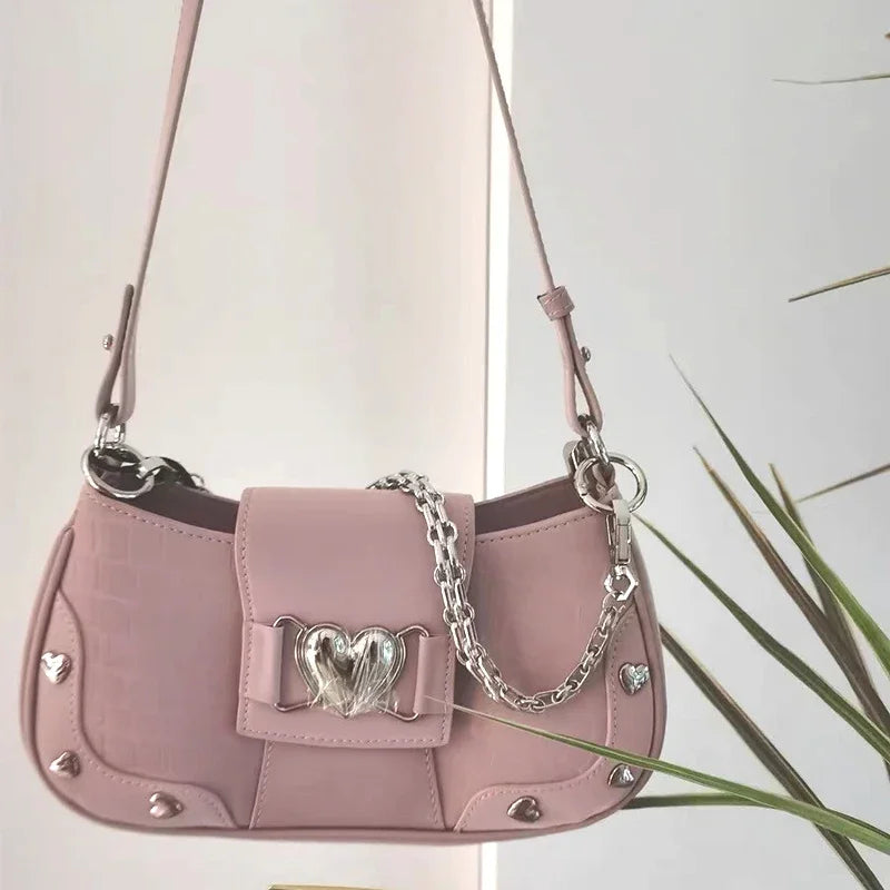 Y2k Handbag Women Sweet  Chain Pink Underarm Bag