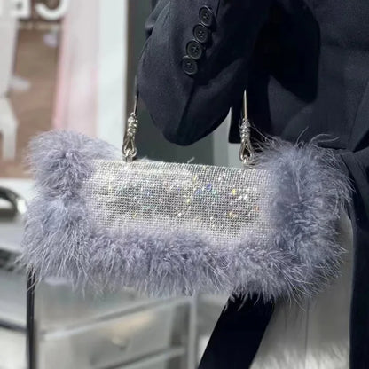 Ostrich Feathers Diamonds Evening Bags Rhinestone Women Handbag Faux Fur Shoulder Crossbody Bag