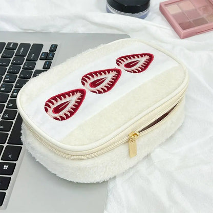 Kawaii Fuzzy  Strawberry Sandwich Cute Embroidered Pencil Case Multi-functional Cosmetic