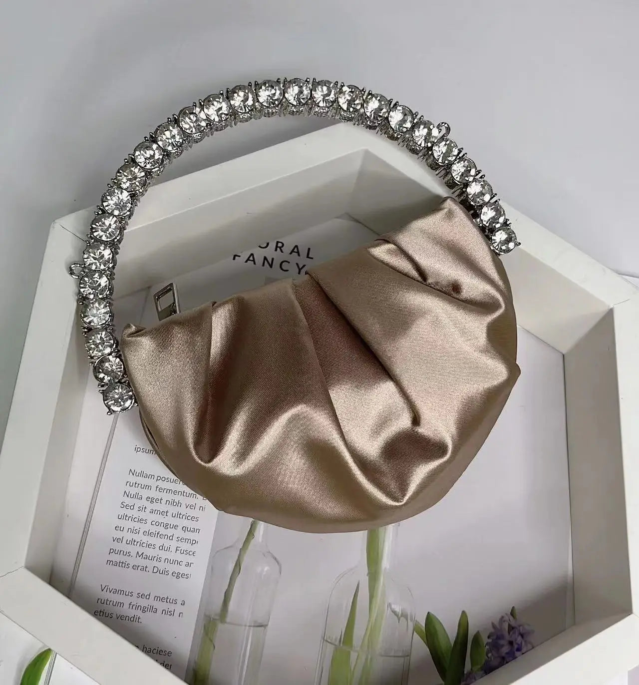 Circular Metal Handle Mini Bag  Glitter Shiny Rhinestone Evening Bag