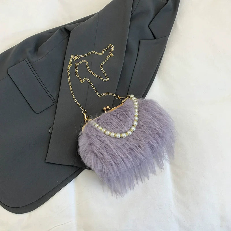 Furry Crossbody Bag with Pearl Handle Chain Plush Shoulder Bags for Women