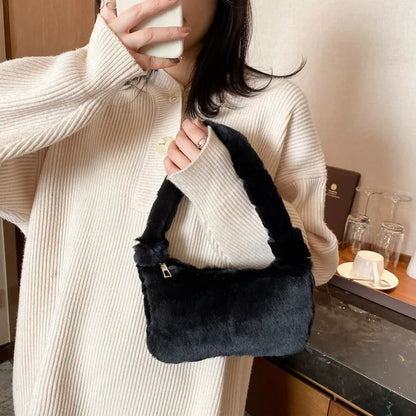 Fluffy Totes Soft Plush Underarm Bag Solid Color Purse Autumn Winter Handbag
