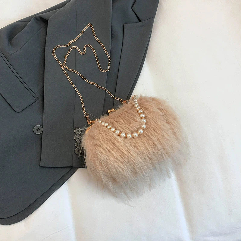 Furry Crossbody Bag with Pearl Handle Chain Plush Shoulder Bags for Women