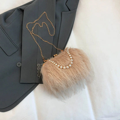 Furry Crossbody Bag with Pearl Handle Chain Plush Shoulder Bags for Women