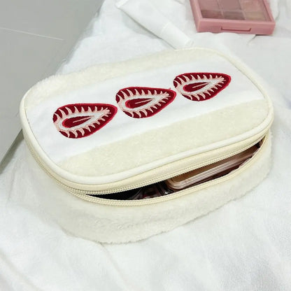 Kawaii Fuzzy  Strawberry Sandwich Cute Embroidered Pencil Case Multi-functional Cosmetic
