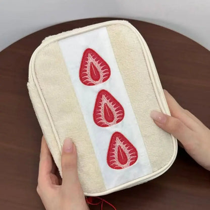Kawaii Fuzzy  Strawberry Sandwich Cute Embroidered Pencil Case Multi-functional Cosmetic