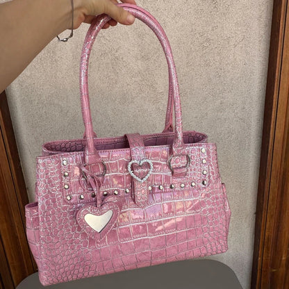 Light Luxury Crocodile-print Handbag For Hot Girls Pink Heart Pattern