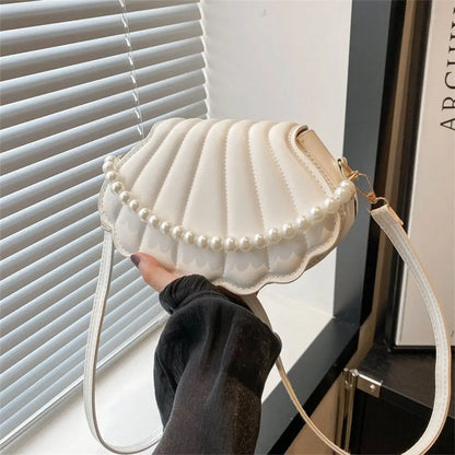 Cute Shell Shoulder Bag Minimalist with Pearls Design PU Leather Pearl Decorated Handbag for Women