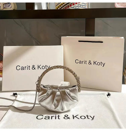 Circular Metal Handle Mini Bag  Glitter Shiny Rhinestone Evening Bag