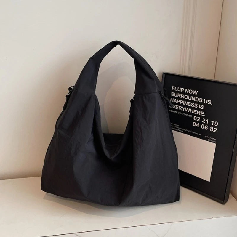 Chic Solid Color Nylon Tote Bag with Multiple Zipper Pockets, Large Capacity Casual Shoulder Bag