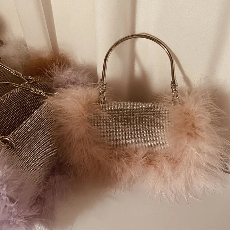 Ostrich Feathers Diamonds Evening Bags Rhinestone Women Handbag Faux Fur Shoulder Crossbody Bag
