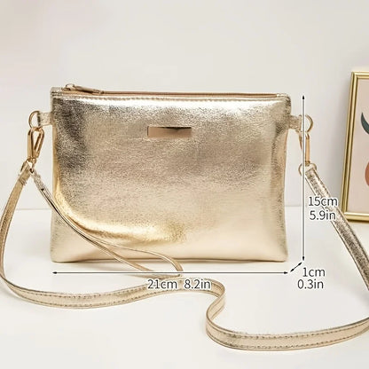 Elegant Gold Shiny Strap Zipper Closure Shoulder Bag
