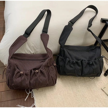 Korean Style Shoulder Bag  Simple Plaid Zipper Tote Bag
