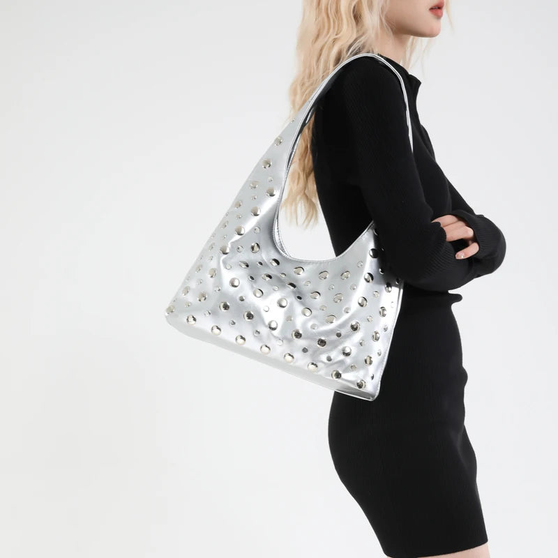 Glossy Shoulder Bags Rivets Unique Design