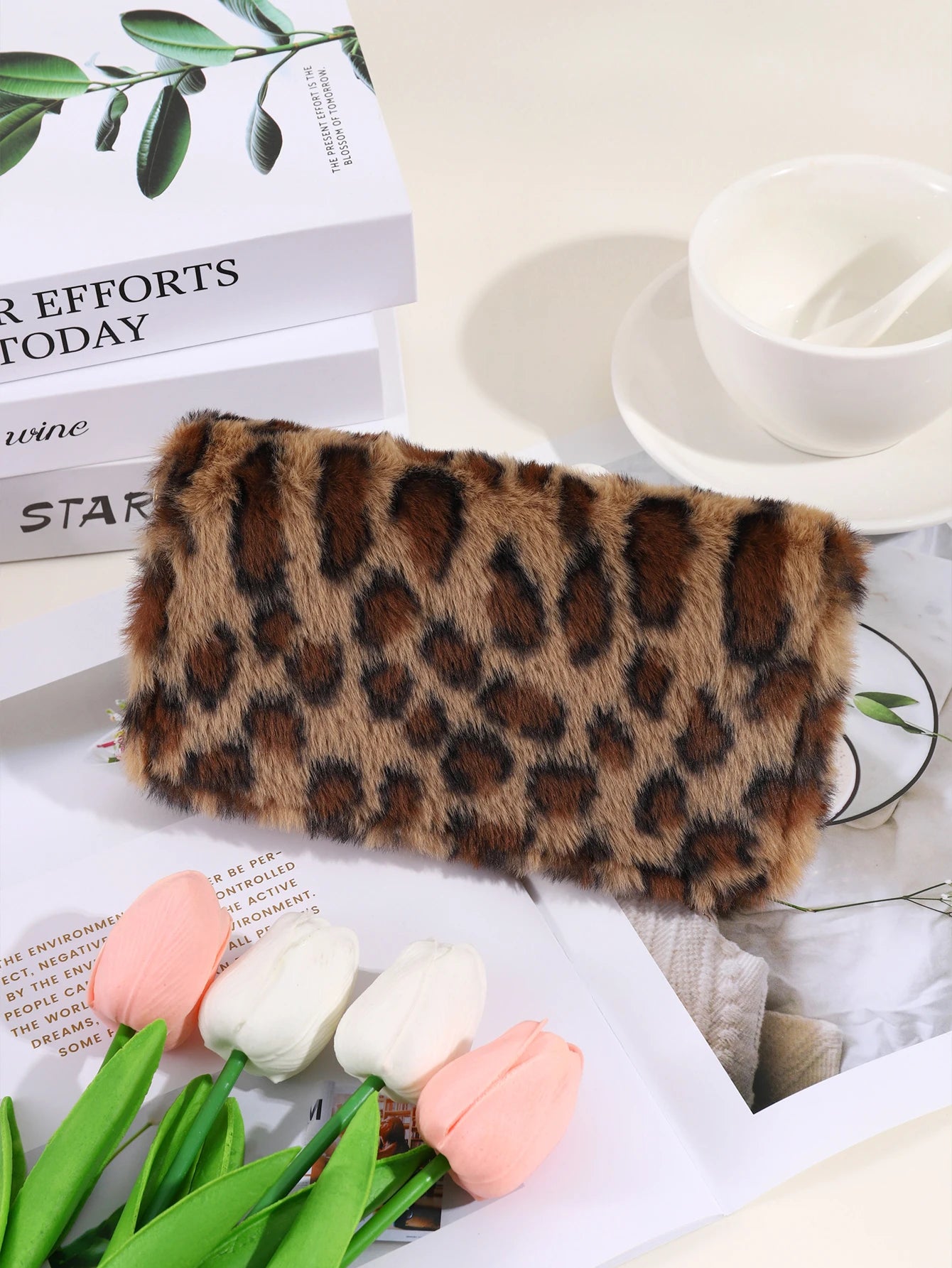 Plush Coin Purse, Stylish Leopard Print Long Wallet, Portable For Daily