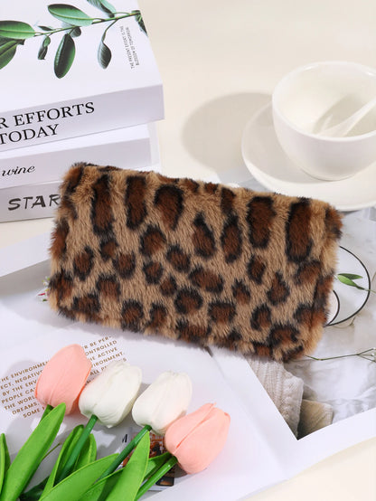 Plush Coin Purse, Stylish Leopard Print Long Wallet, Portable For Daily