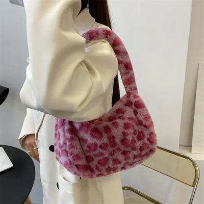 Y2k Korean Plush Retro Leopard Print Bags for Women