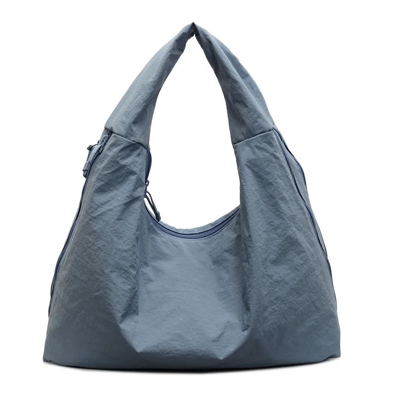 Chic Solid Color Nylon Tote Bag with Multiple Zipper Pockets, Large Capacity Casual Shoulder Bag