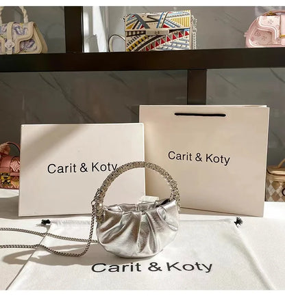 Circular Metal Handle Mini Bag  Glitter Shiny Rhinestone Evening Bag