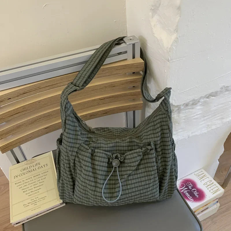 Korean Style Shoulder Bag  Simple Plaid Zipper Tote Bag