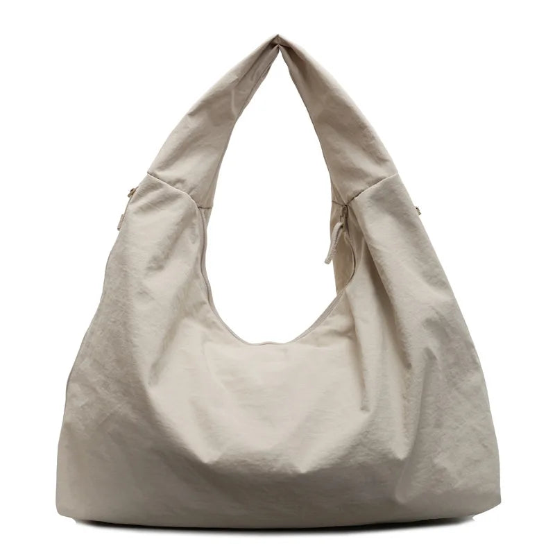 Chic Solid Color Nylon Tote Bag with Multiple Zipper Pockets, Large Capacity Casual Shoulder Bag