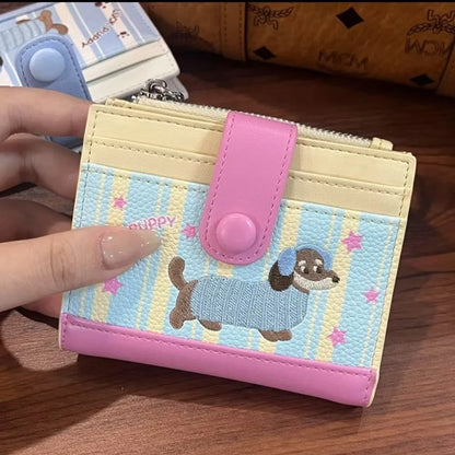 Korean Style Dachshund Embroidery Short Wallet