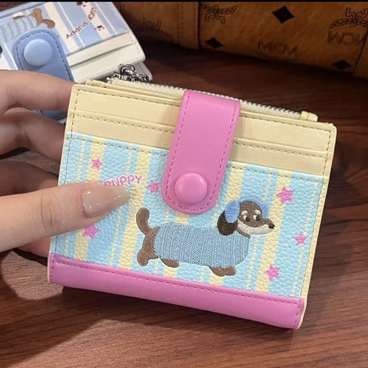Korean Style Dachshund Embroidery Short Wallet