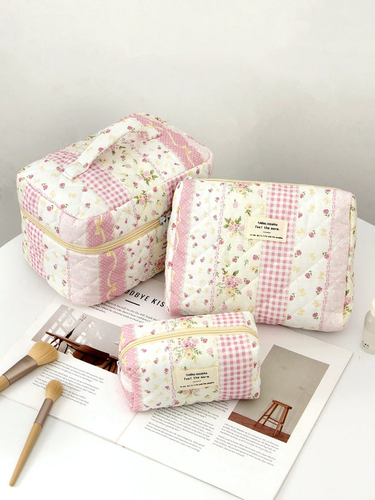 Pink Quilted Makeup Bag, Travel Essential Makeup Bag