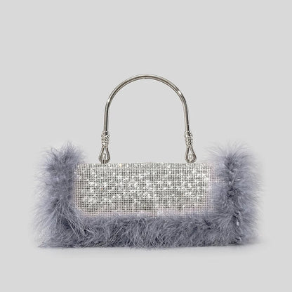 Ostrich Feathers Diamonds Evening Bags Rhinestone Women Handbag Faux Fur Shoulder Crossbody Bag