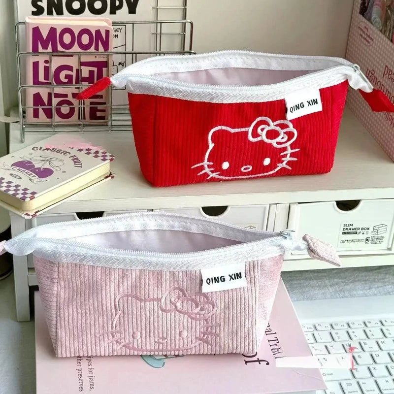 Cute Hello Kitty Corduroy Large Capacity Stationery Storage Bag