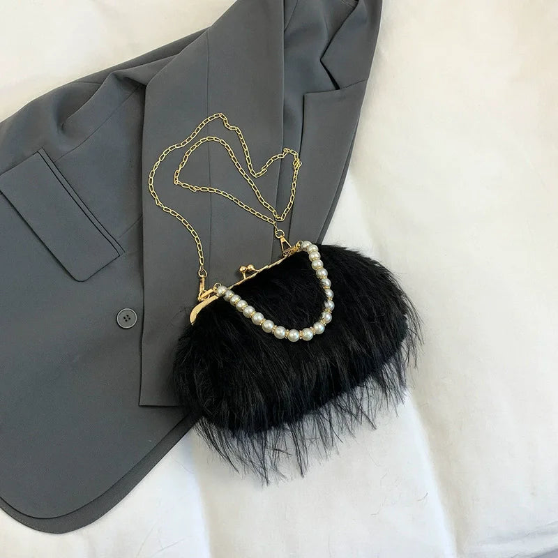 Furry Crossbody Bag with Pearl Handle Chain Plush Shoulder Bags for Women