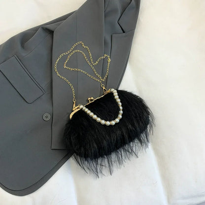 Furry Crossbody Bag with Pearl Handle Chain Plush Shoulder Bags for Women