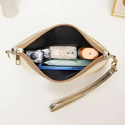 Elegant Gold Shiny Strap Zipper Closure Shoulder Bag