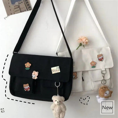 Japanese Harajuku Cute Retro Girl Shoulder Bag Chic Badge Canvas Crossbody Bags