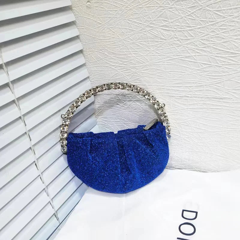 Circular Metal Handle Mini Bag  Glitter Shiny Rhinestone Evening Bag