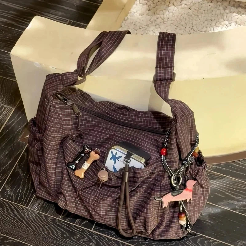 Korean Style Shoulder Bag  Simple Plaid Zipper Tote Bag