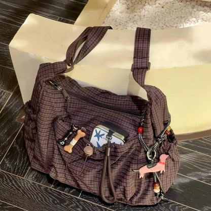 Korean Style Shoulder Bag  Simple Plaid Zipper Tote Bag