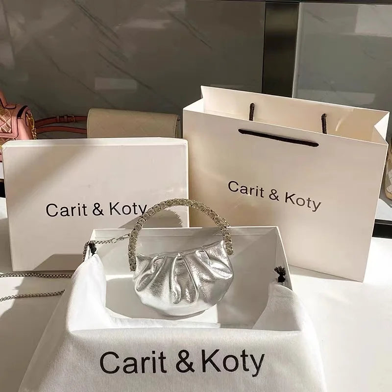 Circular Metal Handle Mini Bag  Glitter Shiny Rhinestone Evening Bag