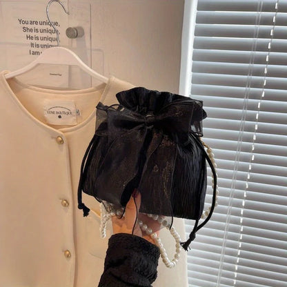 Crossbody Bag with Faux Pearl Chain - Versatile Bucket Shoulder Purse for Women