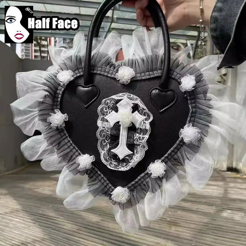 Y2K Girls Harajuku Womens Gothic Steam Punk One Shoulder Subculture Underarm Black Lolita Pearl Chain  Bag