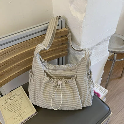 Korean Style Shoulder Bag  Simple Plaid Zipper Tote Bag