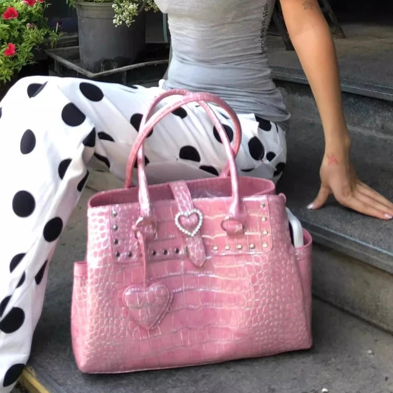 Light Luxury Crocodile-print Handbag For Hot Girls Pink Heart Pattern