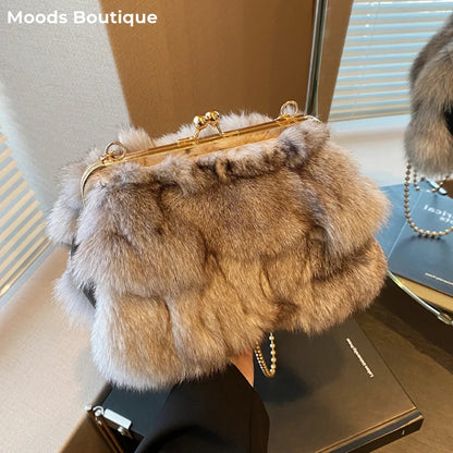 Soft Plush Evening Bags For Elegant Women Fox Fur Dinner Party Clutch