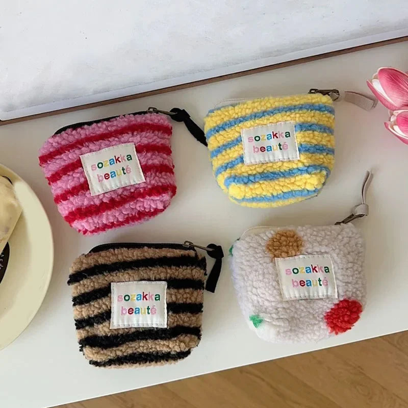 Stripes Plush Coin Purse Cute Key Money Card Case Bags Small Coin Bags for Women