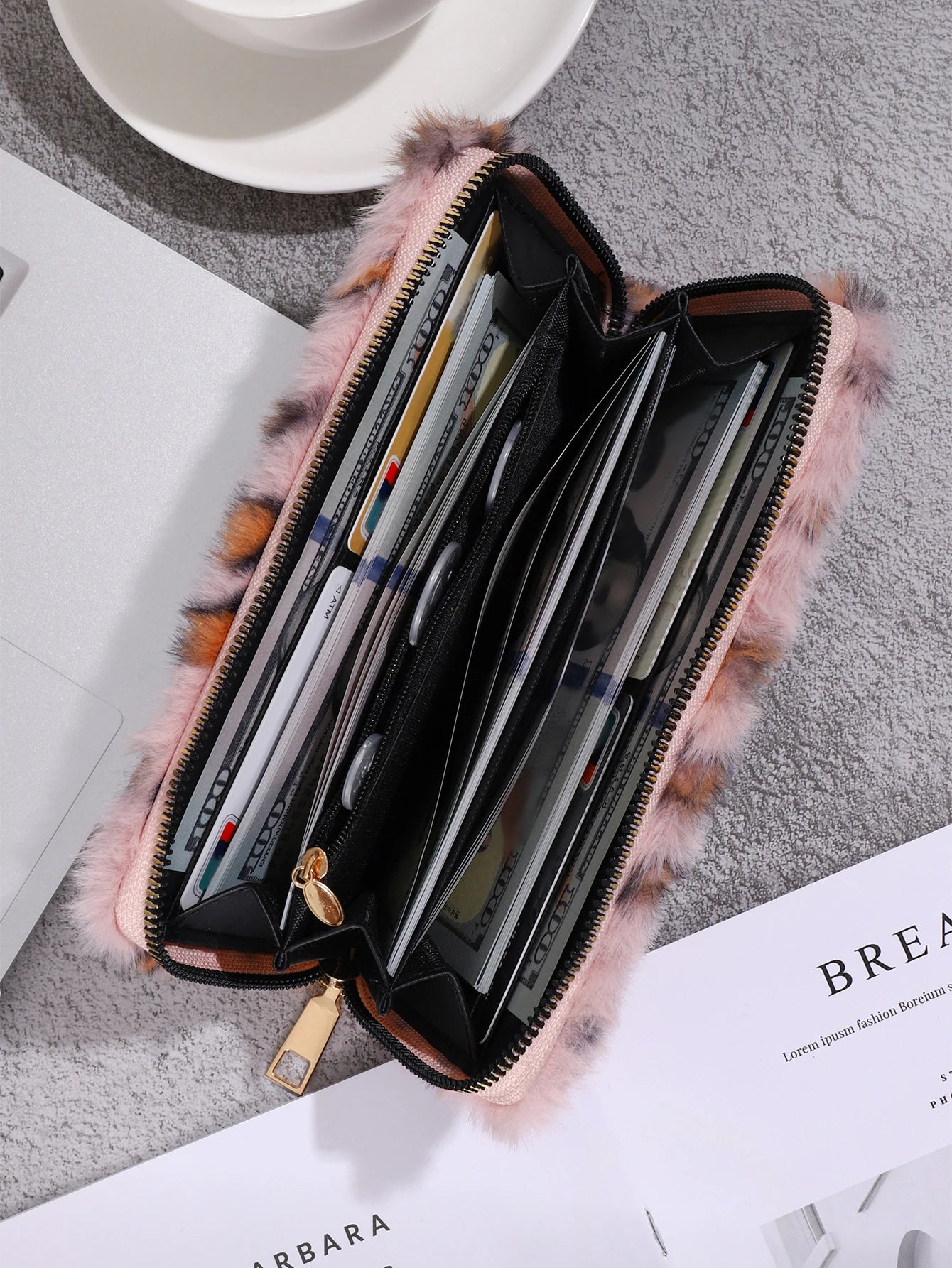 Plush Coin Purse, Stylish Leopard Print Long Wallet, Portable For Daily