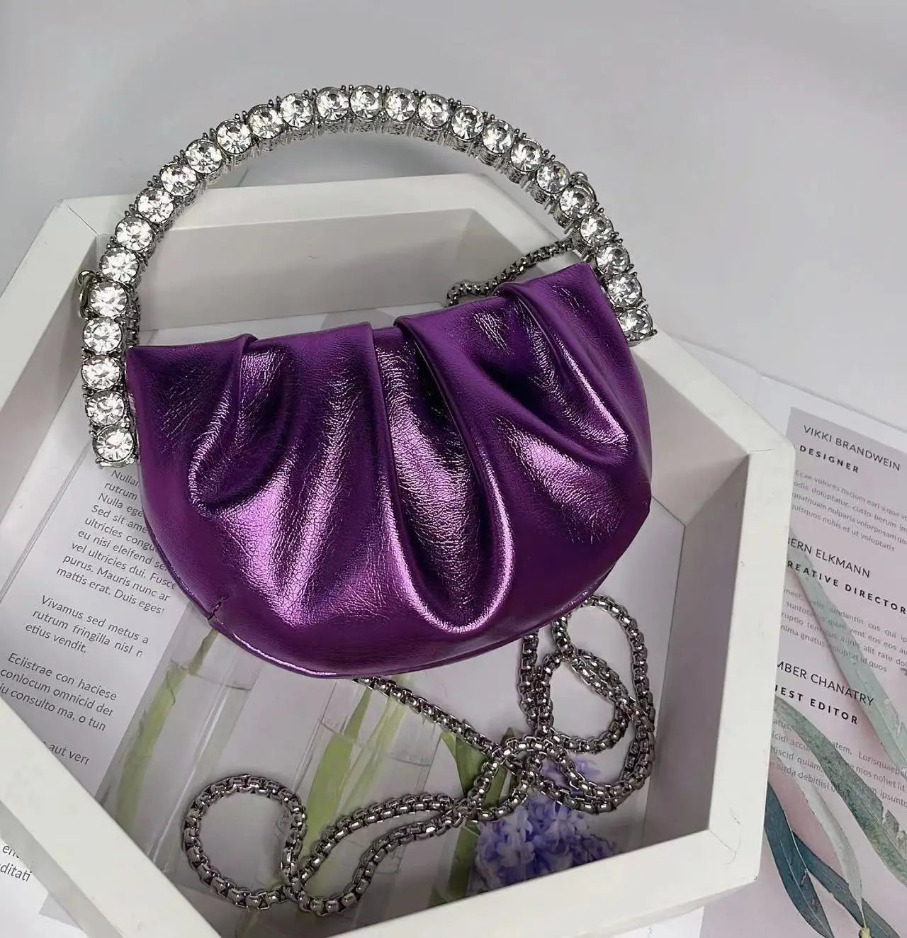 Circular Metal Handle Mini Bag  Glitter Shiny Rhinestone Evening Bag