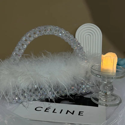 Handmade Ostrich Hair Beaded Bag Clear Acrylic Crystal Stone Box Handbag