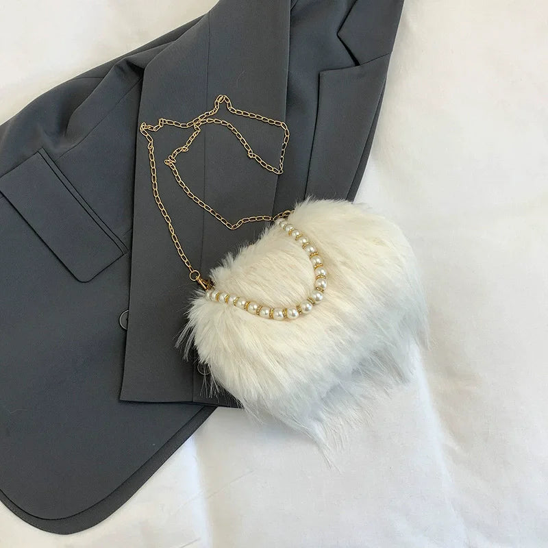 Furry Crossbody Bag with Pearl Handle Chain Plush Shoulder Bags for Women